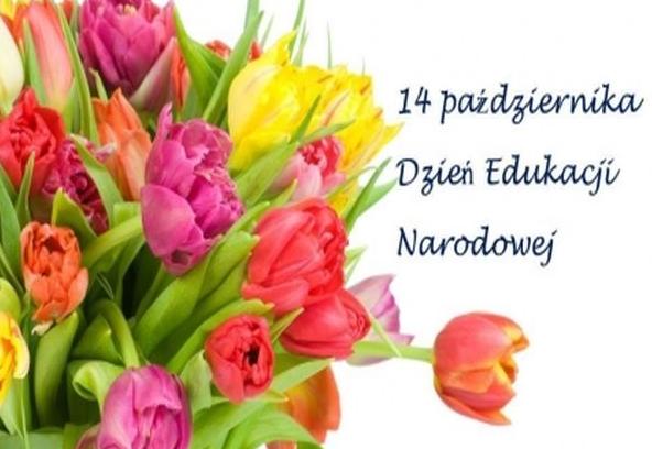 bukiet tulipanów na białym tle oraz informacja czternasty października Dzień Edukacji Narodowej