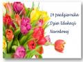 bukiet tulipanów na białym tle oraz informacja czternasty października Dzień Edukacji Narodowej